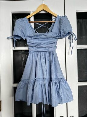 OW Collection Powder Blue Open Back Puff Sleeve Mini Dress